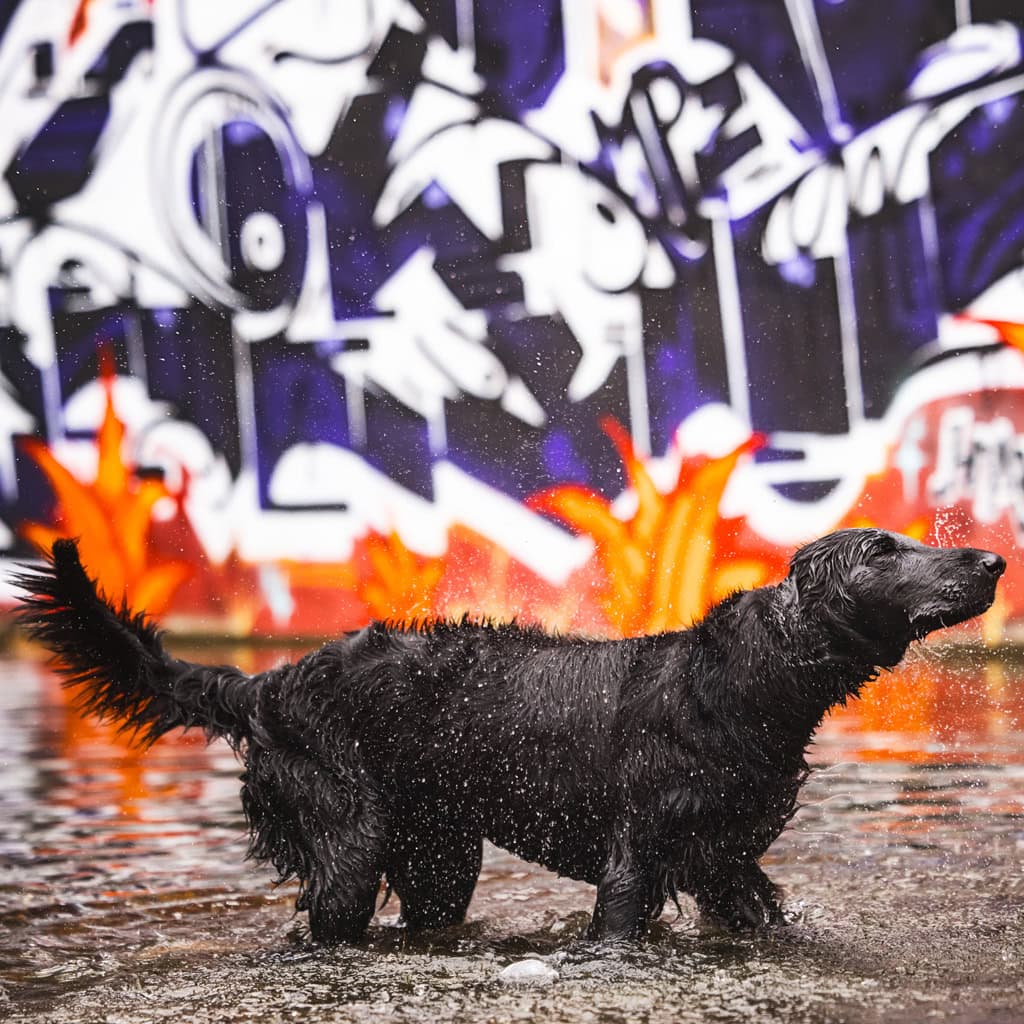 Hund im Wasser, der im Fluss schwimmt, mit buntem Graffiti an der Wand im Hintergrund.