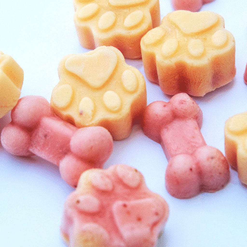 Selbstgemachtes Hundeeis in Knochen- und Herzform, ideal für Hunde im Sommer.